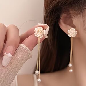 White Camellia Flower Faux Pearl Bead Tassel Bridal Wedding Earrings